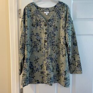 Floral Print V-Neck Henley Tunic Top - Sage Green Floral Print